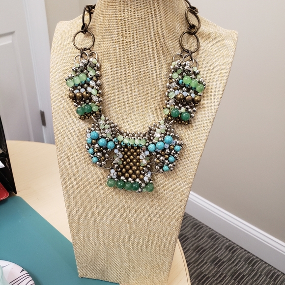 Pam Miran  green turquoise glass cats eye opalite beaded bib statemen necklace - Picture 9 of 14